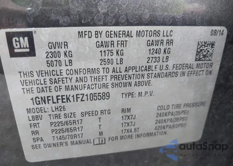 2015 Chevrolet Equinox 1Lt из США, поврежденный, VIN 1GNFLFEK1FZ105589